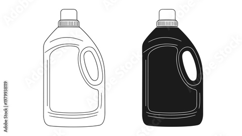 Plastic laundry detergent or cleaning product bottle is shown in both a simple line art outline and a solid black silhouette for graphic use.