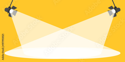 Wide beams from stage spotlights illuminating a spacious circular platform for product display on a vibrant yellow background.