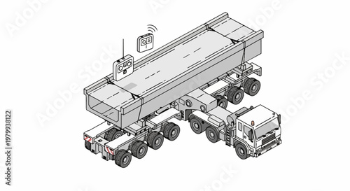 Isometric Illustration of a Heavy Duty Transport Truck Hauling a Large Concrete Bridge Segment with Remote Control Automation Technology