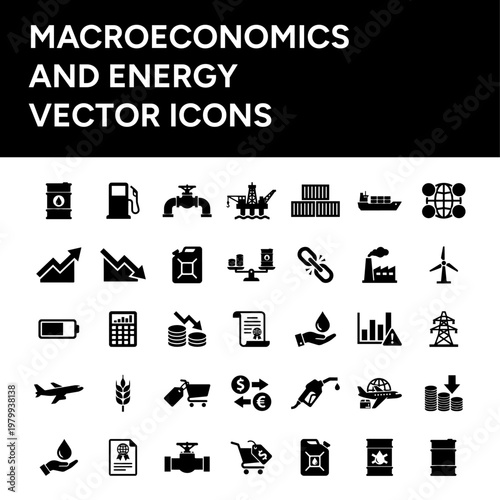 Oil Industry, Global Economy, Supply Chain, and Energy Crisis Solid Glyph Icon Collection