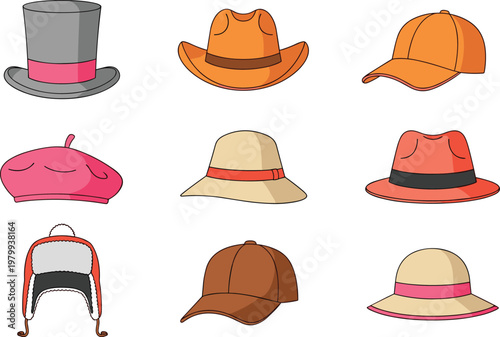 Collection of stylish hats including cowboy, cap, top hat, sun hat and winter hat vector illustration for fashion and accessory design