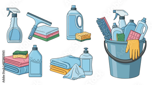 Household cleaning supplies set featuring detergents, spray bottles, sponges, towels, and a mop bucket with tools for professional cleaning service.