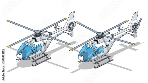 Pair of modern helicopters are presented in a detailed isometric perspective with a clean white color scheme and blue tinted cockpit windows.