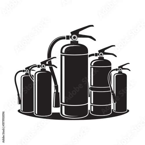 A collection of black and white fire extinguishers in varying sizes