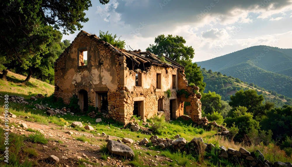 Fototapeta premium An abandoned stone house rests on a lush hillside, surrounded by greenery and rolling hills, capturing a peaceful blend of ruin, history, and rural solitude.