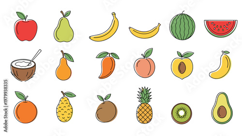 Extensive set of colorful fruit icons with clean outlines including apples pears bananas watermelons peaches and more.
