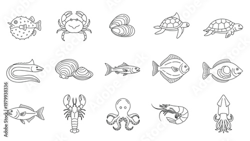 Detailed set of black and white line art icons represents various marine life species such as fish, crabs, shellfish, octopuses, and shrimp.