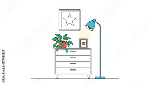 Modern interior scene featuring a white chest of drawers decorated with a potted plant, a heart picture frame, and a floor lamp against a star wall.