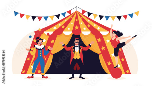 Colorful illustration depicts a classic circus show with a ringmaster, a juggling clown, and a ballerina performing near a striped big top tent.
