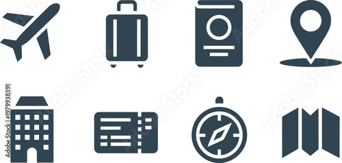 Essential travel and tourism icons featuring airplane luggage passport location pin building ticket compass and map