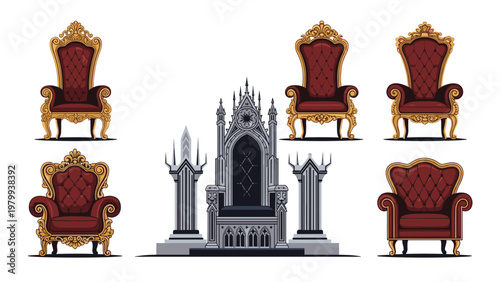 Collection of regal thrones and armchairs in different styles featuring ornate gold frames and rich red velvet upholstery.