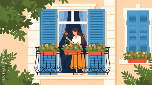 Young woman watering colorful potted flowers on a sunny balcony decorated with blue shutters and green leafy trees.