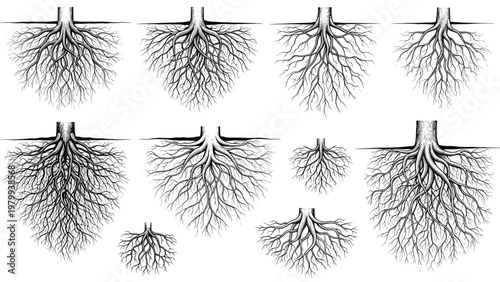 Hand drawn sketches of ten different tree root systems showing the underground structure and growth patterns for botanical and nature studies.