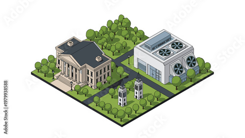 Isometric view of a public campus area features a classic white building, a modern utility plant with large fans, and lush green trees on grass.