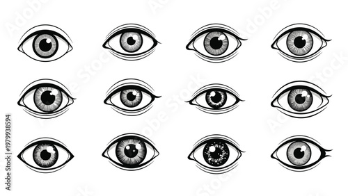 Detailed collection of human eye illustrations showing diverse iris patterns and pupil shapes in a clean black and white style.