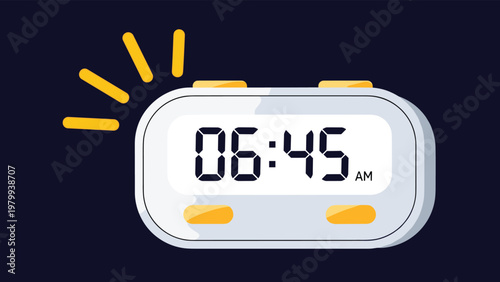 Modern white digital alarm clock displaying the time as six forty-five in the morning against a dark navy blue background.