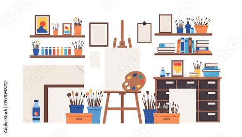 Creative artist studio filled with easels paint palettes brushes canvases and shelves full of various art supplies.