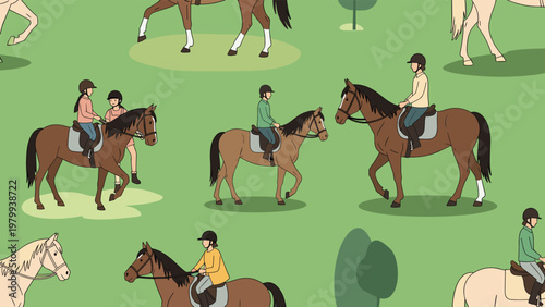 Seamless pattern of people in equestrian gear riding brown and beige horses across a green field with simple trees creates a pastoral theme.