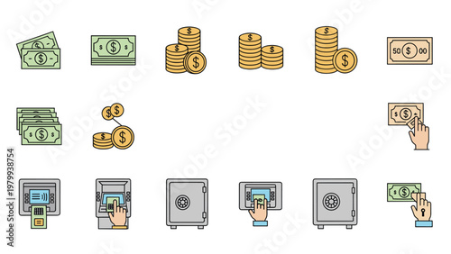 Collection of financial and banking icons features stacks of coins, banknotes, safes, and hands interacting with ATM machines for money management.