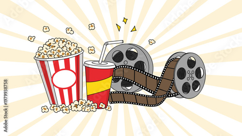 Cinema entertainment theme featuring a popcorn bucket, soda cup, and film reels against a bright rays of sunburst background.