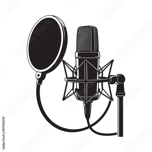 Black and white illustration of a studio condenser microphone with pop filter