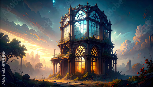 A majestic glass pavilion stands in an open landscape at sunset, glowing warmly as light reflects through its intricate structure, evoking elegance and dreamlike serenity.