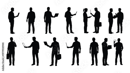 A collection of black silhouettes depicts various business people interacting using devices and carrying briefcases high quality professional detailed modern elegant