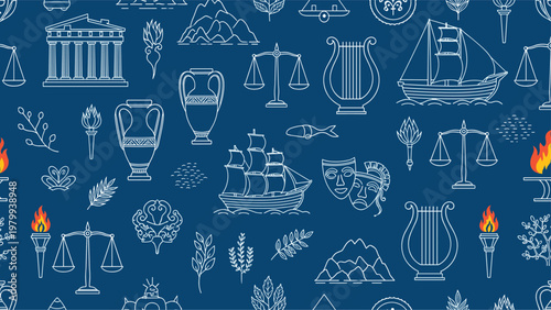 Seamless blue pattern featuring white line icons of ancient Greek culture including ships, vases, the Parthenon, and lyres.