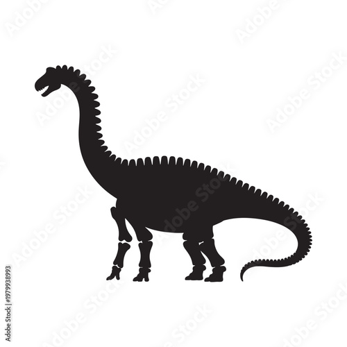 Silhouette of a long necked dinosaur against a plain white background