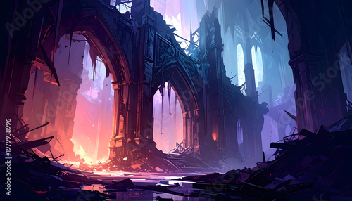 A dramatic ruined hall filled with glowing embers and cool shadows creates a powerful contrast, capturing a cinematic scene of decay, energy, and surreal atmosphere.