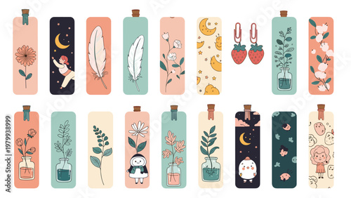 Set of beautifully illustrated bookmarks with various designs like flowers feathers characters and celestial motifs.