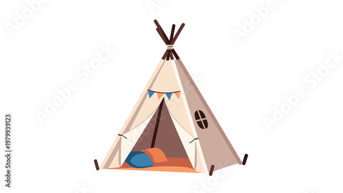 Small indoor teepee tent for kids decorated with colorful pennants and comfortable pillows inside a playroom setting.