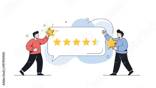 Two men placing large gold stars into a speech bubble to represent a five-star customer rating and positive user feedback.