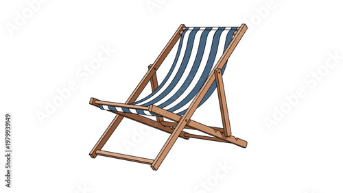 Classic wooden beach deck chair with a blue and white striped fabric seat is shown from a side angle, perfect for vacation and summer themes.