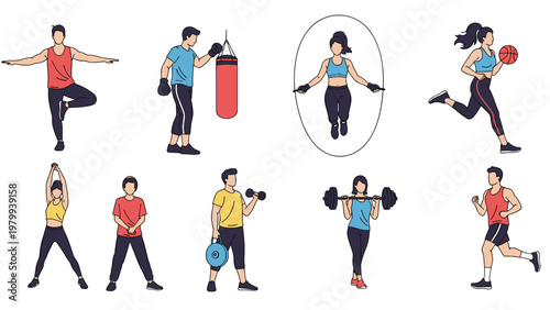 Diverse group of people performing various fitness and gym exercises like weightlifting, jumping rope, running, and stretching.