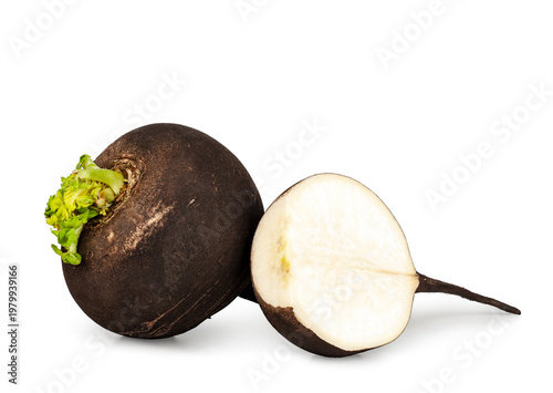 Black radish and slice isolated on a white background, contour