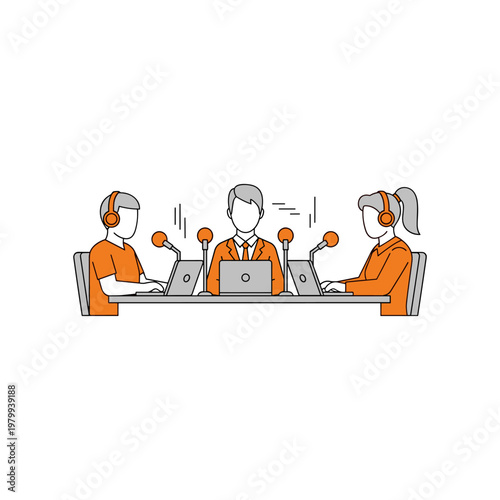 Three professionals conducting a virtual meeting or podcast recording session