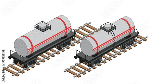 Isometric view of two industrial railroad tanker cars for transporting liquids or fuel resting on parallel train track segments.