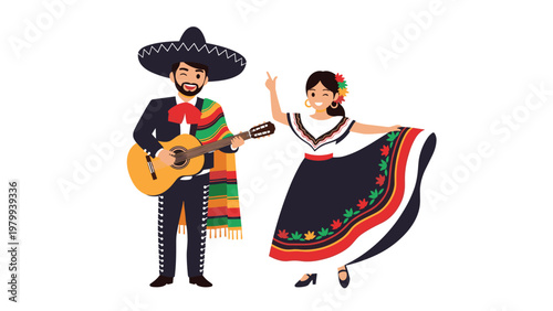 Mexican mariachi musician with acoustic guitar and female dancer in traditional folk dress celebrating heritage on white background.