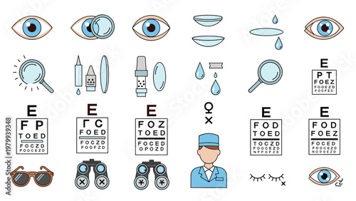 Comprehensive collection of medical icons for eye health, ophthalmology, vision testing charts, and corrective lens equipment.