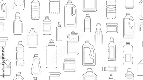 Seamless line art pattern composed of various plastic bottle shapes and containers used for household cleaning and beauty products.