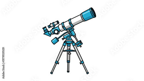 Professional astronomical telescope mounted on a sturdy tripod for space observation and stargazing against a plain white background.