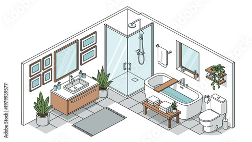 Modern bathroom interior in isometric view featuring a bathtub, glass shower stall, vanity sink, toilet, and indoor plants.