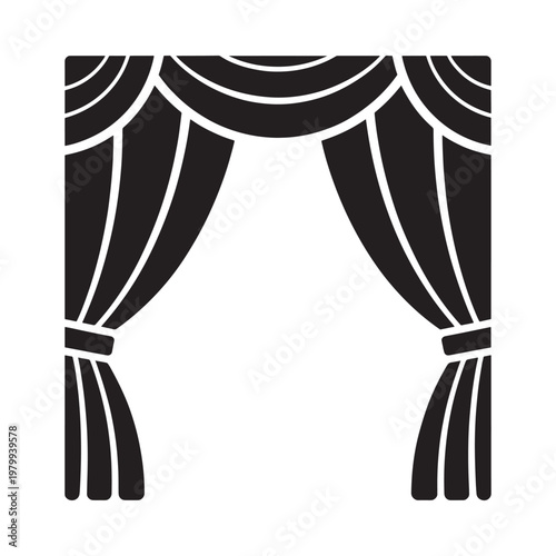 Black and white illustration of stage curtains tied back with cords