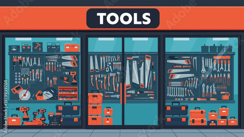 Front view of a modern hardware tool store with large glass windows displaying a vast array of professional equipment and toolboxes.