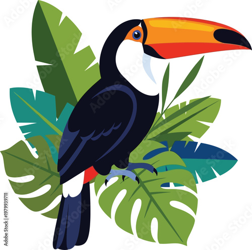Toucan bird perched on tropical leaves flat jungle