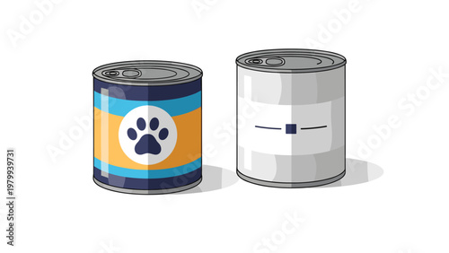 Two sealed metal tin cans of pet food with one showing a paw print icon for animal nutrition branding and marketing.