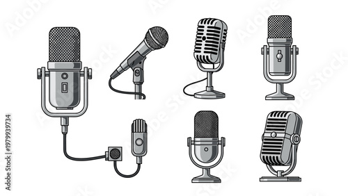 Comprehensive collection of various professional studio microphones and vintage recording equipment icons shown in grayscale style.