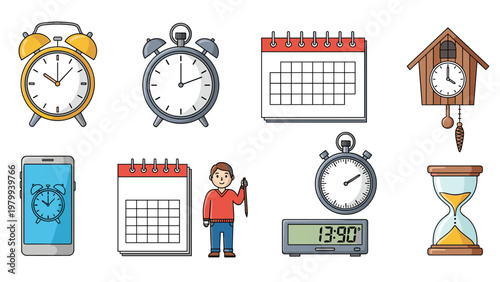 Collection of various timekeeping instruments and icons including alarm clocks, calendars, stopwatches, and an hourglass.