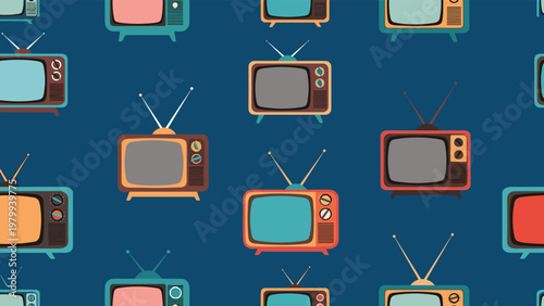 Retro seamless pattern of vintage television sets with antennas in various colors on a dark blue background for media theme.